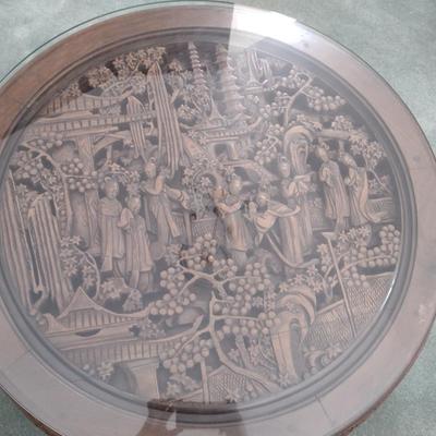 Round, Hand Carved Asian Coffee Table with Glass Top- Approx 36" Wide