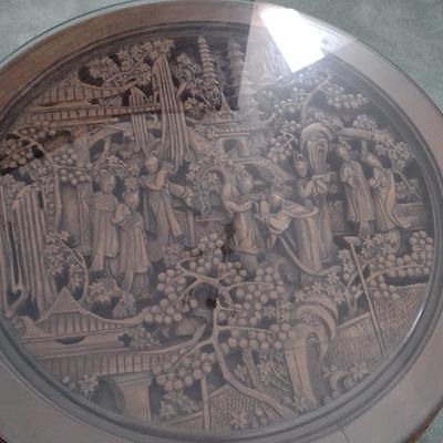 Round, Hand Carved Asian Coffee Table with Glass Top- Approx 36" Wide