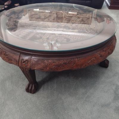 Round, Hand Carved Asian Coffee Table with Glass Top- Approx 36" Wide