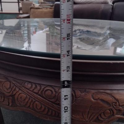 Round, Hand Carved Asian Coffee Table with Glass Top- Approx 36" Wide
