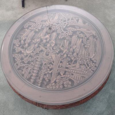 Round, Hand Carved Asian Coffee Table with Glass Top- Approx 36" Wide