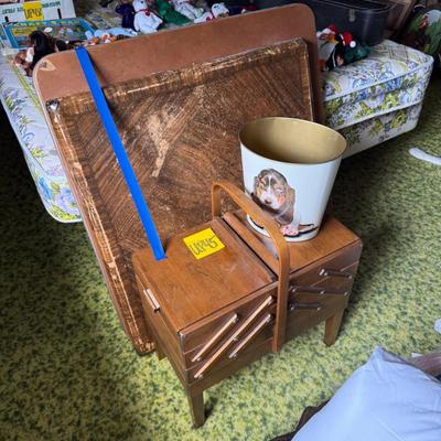 Sale Photo Thumbnail #134: Card table, small table with layers of storage, dog basket, etc.