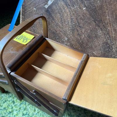 Sale Photo Thumbnail #136: Card table, small table with layers of storage, dog basket, etc.