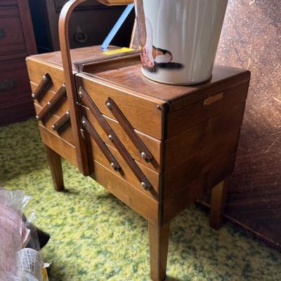 Sale Photo Thumbnail #137: Card table, small table with layers of storage, dog basket, etc.