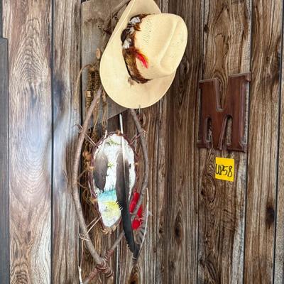 Sale Photo Thumbnail #173: Hat, antler rack, wooden letter M, etc.