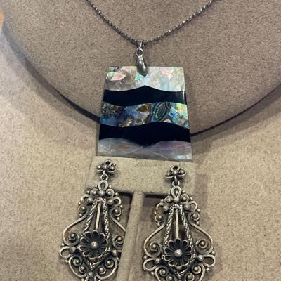 Large Cimi Sterling clip on earrings & abalone with sterling chain