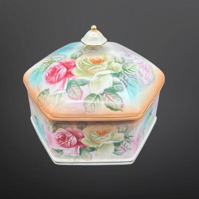 Vintage RS Prussia Hexagon Porcelain Trinket Jewelry Box, Hand Painted Roses
