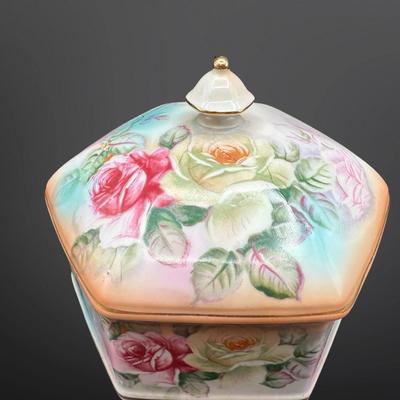 Vintage RS Prussia Hexagon Porcelain Trinket Jewelry Box, Hand Painted Roses