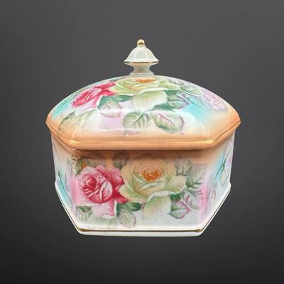 Vintage RS Prussia Hexagon Porcelain Trinket Jewelry Box, Hand Painted Roses