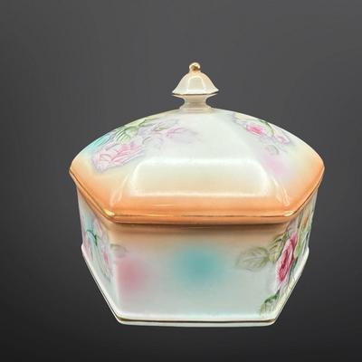 Vintage RS Prussia Hexagon Porcelain Trinket Jewelry Box, Hand Painted Roses