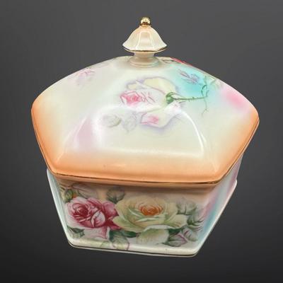 Vintage RS Prussia Hexagon Porcelain Trinket Jewelry Box, Hand Painted Roses
