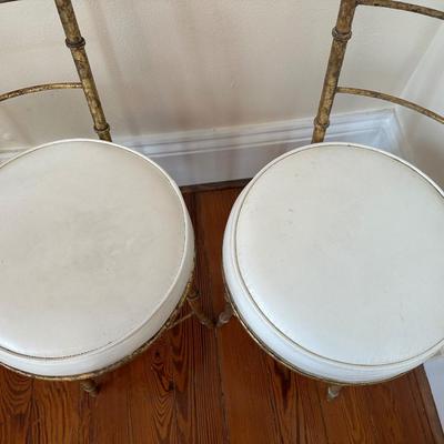 Pair of Faux Bamboo Gilt Metal Vanity Chairs with White Upholstered Seats