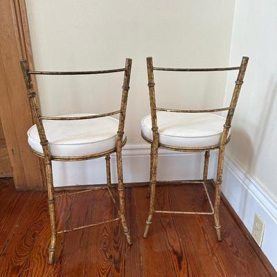 Pair of Faux Bamboo Gilt Metal Vanity Chairs with White Upholstered Seats