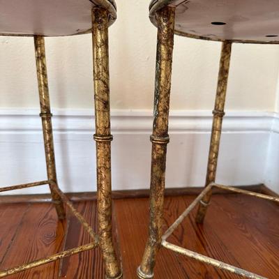 Pair of Faux Bamboo Gilt Metal Vanity Chairs with White Upholstered Seats
