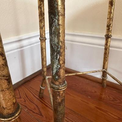 Pair of Faux Bamboo Gilt Metal Vanity Chairs with White Upholstered Seats