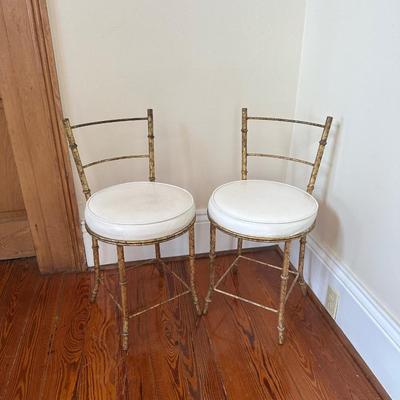 Pair of Faux Bamboo Gilt Metal Vanity Chairs with White Upholstered Seats