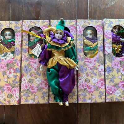 Porcelain Mardi Gras Jester Dolls in Original Boxes