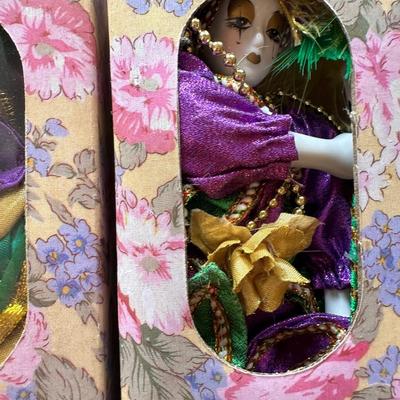Porcelain Mardi Gras Jester Dolls in Original Boxes