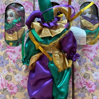 Porcelain Mardi Gras Jester Dolls in Original Boxes