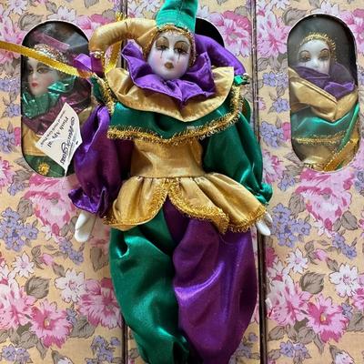 Porcelain Mardi Gras Jester Dolls in Original Boxes