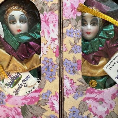 Porcelain Mardi Gras Jester Dolls in Original Boxes