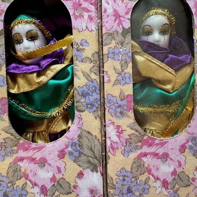Porcelain Mardi Gras Jester Dolls in Original Boxes