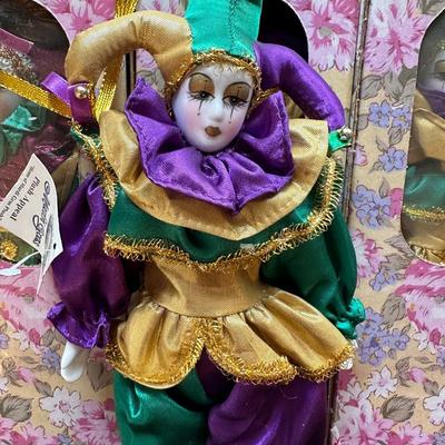 Porcelain Mardi Gras Jester Dolls in Original Boxes