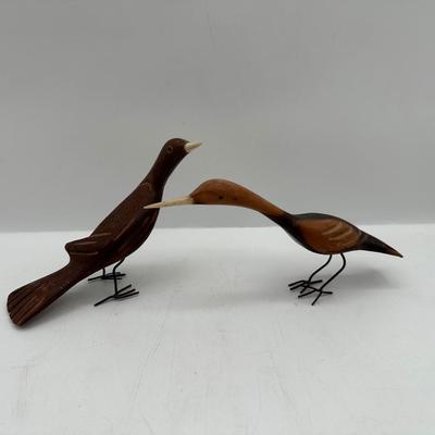 Pair of Hand-Carved Wooden Birds with Wire Legs