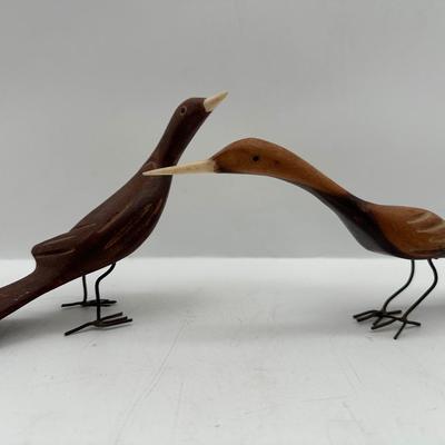 Pair of Hand-Carved Wooden Birds with Wire Legs