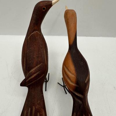 Pair of Hand-Carved Wooden Birds with Wire Legs