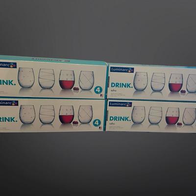 Luminarc Soho Drinkware – 12 Etched Stemless Wine Glasses (NIB)