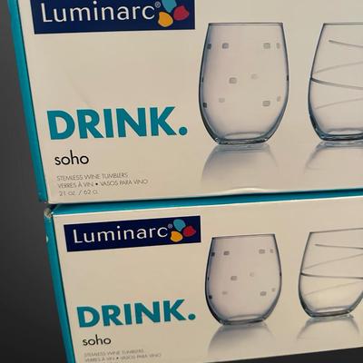 Luminarc Soho Drinkware – 12 Etched Stemless Wine Glasses (NIB)