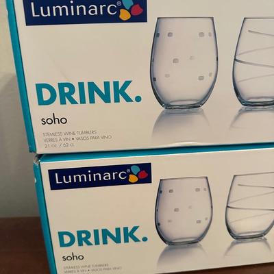 Luminarc Soho Drinkware – 12 Etched Stemless Wine Glasses (NIB)