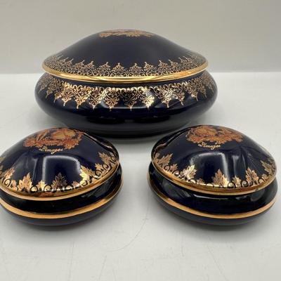 Limoges France Cobalt and Gold Porcelain Trinket Boxes