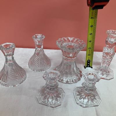 Sale Photo Thumbnail #18: Lot of 5 glass candlesticks and 1 lead crystal candlestick ranging in height from 3-6"