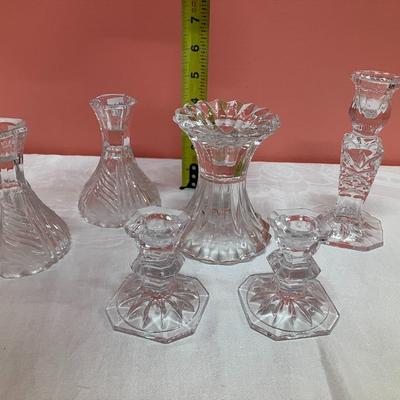 Sale Photo Thumbnail #17: Lot of 5 glass candlesticks and 1 lead crystal candlestick ranging in height from 3-6"