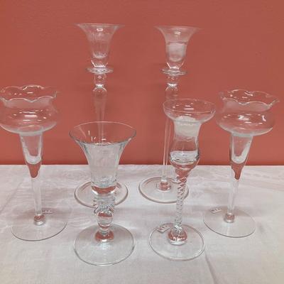 Sale Photo Thumbnail #19: lot of 6 tall glass candle holders ranging from 6-10.5" in height