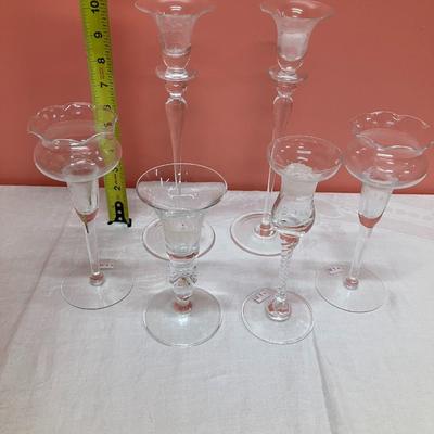 Sale Photo Thumbnail #20: lot of 6 tall glass candle holders ranging from 6-10.5" in height