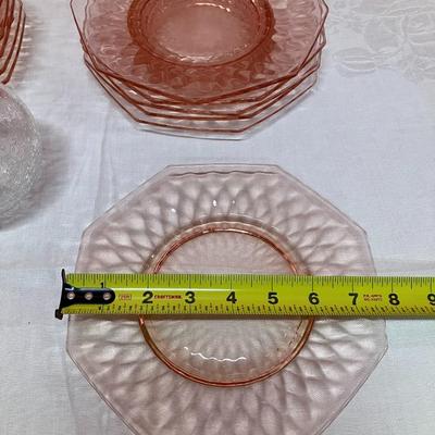 Sale Photo Thumbnail #24: Set of 12 8" rose glass plates and 2 crackle clear glass votive holders