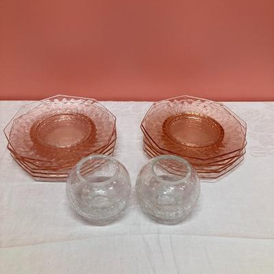 Sale Photo Thumbnail #21: Set of 12 8" rose glass plates and 2 crackle clear glass votive holders