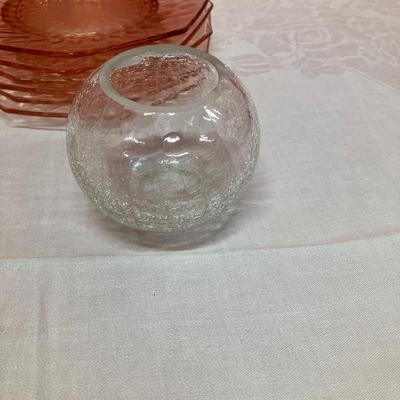 Sale Photo Thumbnail #22: Set of 12 8" rose glass plates and 2 crackle clear glass votive holders