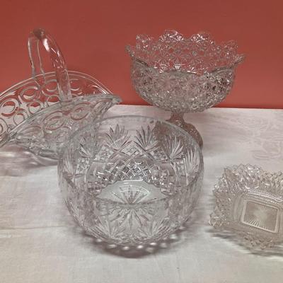 Sale Photo Thumbnail #32: Lot of 1 lead crystal bowl and 3 cut glass pieces. Tallest item is 8" high.