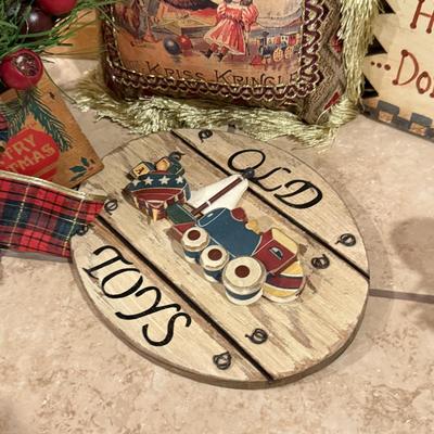 LOT 311B: Vintage Christmas Decor: Pillow, Wood Signs & More