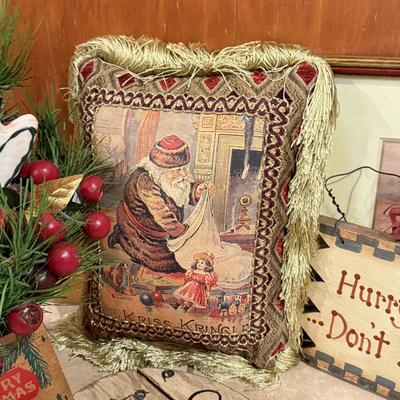 LOT 311B: Vintage Christmas Decor: Pillow, Wood Signs & More
