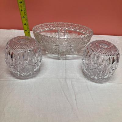 Sale Photo Thumbnail #38: Lot of 1 cut glass oval "basket" style bowl and 2 cut glass egg candy/treat dishes