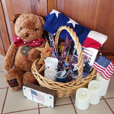 LOT 250F: Red White and Blue Decor; Candles, Gund Bear, Blanket, and So Much More
