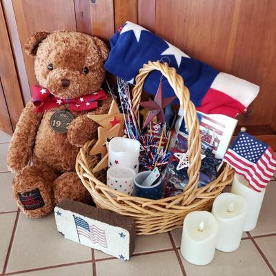 LOT 250F: Red White and Blue Decor; Candles, Gund Bear, Blanket, and So Much More