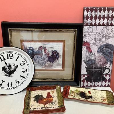 Sale Photo Thumbnail #56: Roosters! This lot includes a 22" x 20" artwork piece, a 24" x 9.5" artwork piece, 1 clock and 2 small serving plates