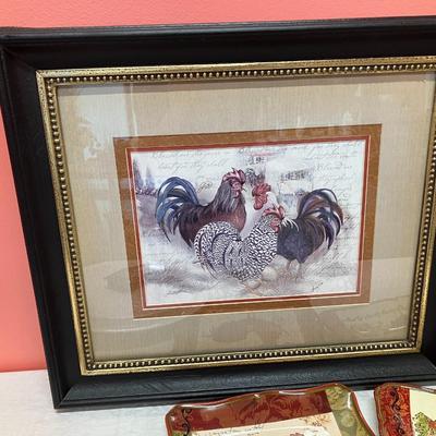 Sale Photo Thumbnail #59: Roosters! This lot includes a 22" x 20" artwork piece, a 24" x 9.5" artwork piece, 1 clock and 2 small serving plates