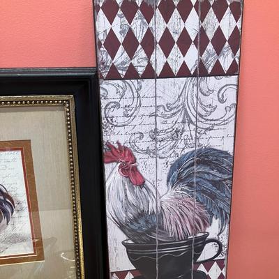Sale Photo Thumbnail #60: Roosters! This lot includes a 22" x 20" artwork piece, a 24" x 9.5" artwork piece, 1 clock and 2 small serving plates